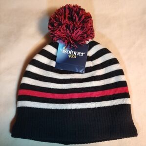 By Isotoner Kids, Beanie With Pom Pom, NWT, Black White Pink Stripes ONE SIZE